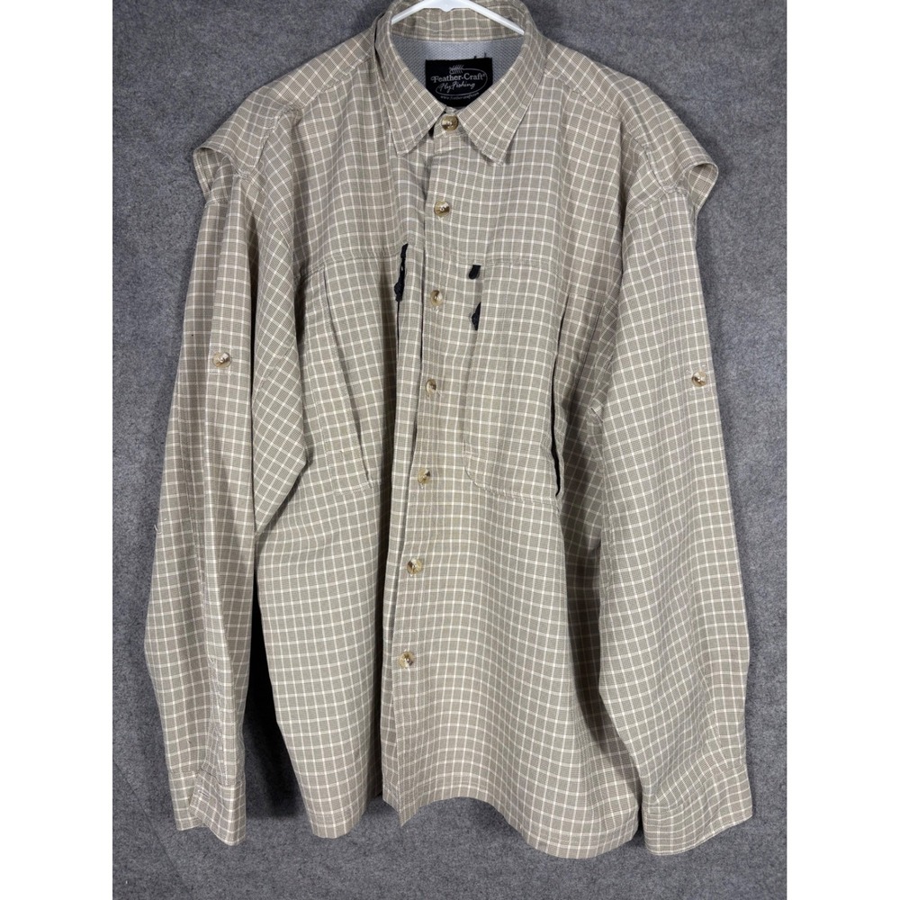 Feather-Craft Fly Fishing Shirt Mens XXL Tan Plaid Long Sleeve Vented Polyester